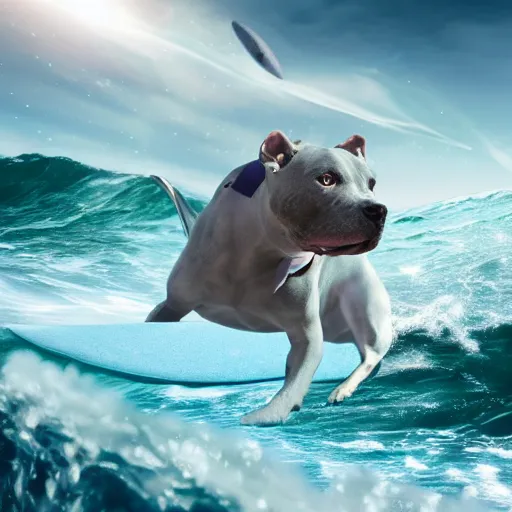 Prompt: photo of gray coat pit bull with white paws surfing a surfboard on a crashing l wave of alien ocean in space, background is an alien galaxy, aliens in the background, alien colors, octane render, unreal engine, wide view, 8 k, high detaild