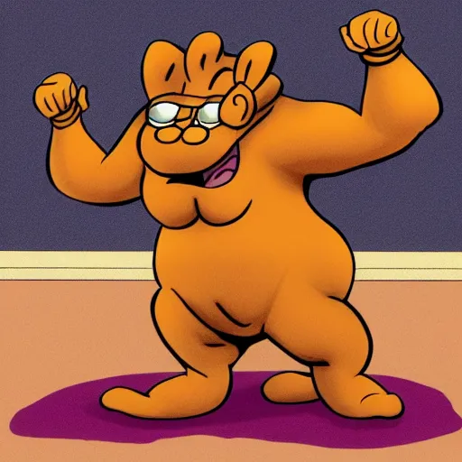 Image similar to garfield as a body builder with clothing