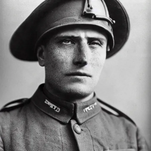 Image similar to World War 1 soldier with shellshocked expression, close-up, photograph