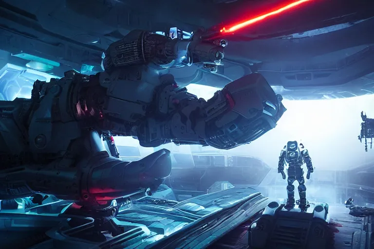 Image similar to VFX movie of a futuristic inhuman alien spacemarines in future spaceship, firing gun at space pirates detailed creature skin neon lighting by Emmanuel Lubezki