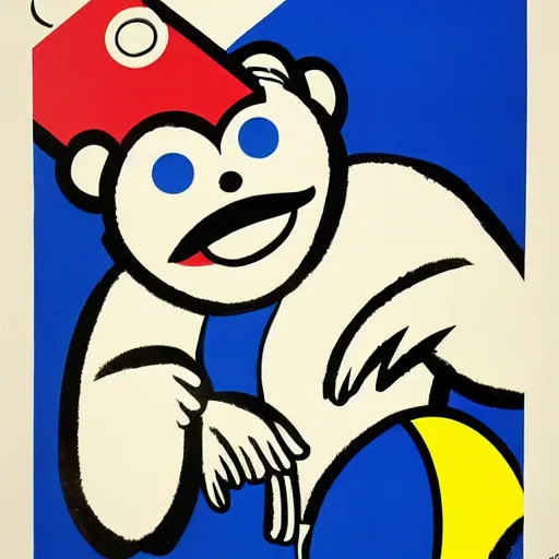 Prompt: lithographic poster of a mischievous monkey holding a / mobile phone /, blue and yellow colors, advertising art, pop art, roy lichtenstein