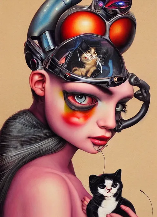 Prompt: beautiful portrait painting of a beautiful attractive woman with a cyborg cat, by Afarin Sajedi, Alessandro Barbucci, Alex Gross, Shin Jeongho, Shohei Otomo. trending on Artstation, 8k, masterpiece, face enhance, graffiti paint, fine detail, full of color, intricate detail, golden ratio illustration