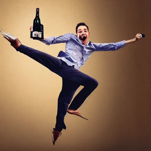 Image similar to a painting of a portrait of a male model boisterously dancing around the room by himself holding an empty wine bottle as he jumps in the air in a (warehouse), striking artistic concept, perfect composition, detailed facial expression, fine detail, dramatic lighting, award-winning photo UHD, 4K