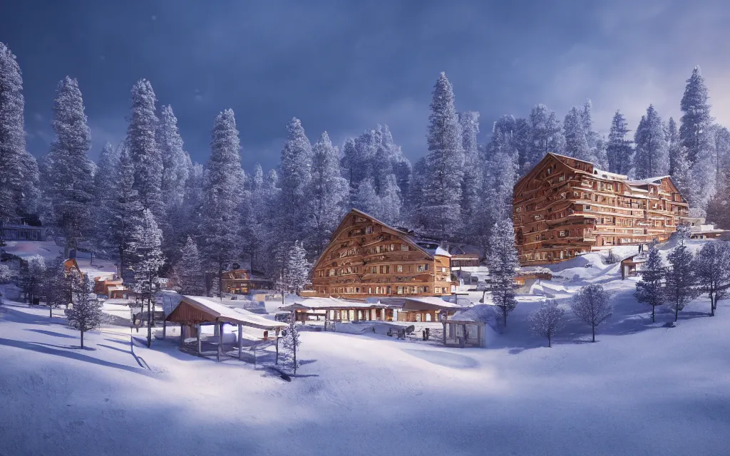 Prompt: finnish ski resort architectural visualization, hotel, winter scene, cozy, corona render, rendered in vray, evening light, lakeside, dof, mountainous landscape, pine forest, evermotion, ronen bekerman, contest winner, archviz, peter guthrie, ultradetailed, photorealistic, photoreal, box visuals