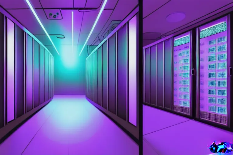 Image similar to realistic robot in a data server room, neon and dark, purple and blue color scheme, by dan mumford and alberto giacometti