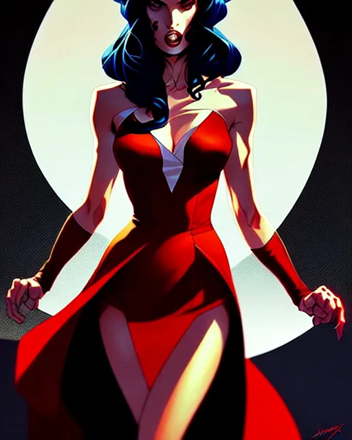 Image similar to artgerm, joshua middleton comic cover art, full body pretty megan fox vampire sharp teeth, red dress, symmetrical eyes, symmetrical face, long curly black hair, dark castle background background, cinematic lighting