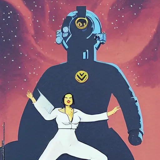 Image similar to stoic heroic square-jawed butch woman engineer in white and gold formal atompunk flight suit, making out with dark angel evil Disney villain queen, on space station, by Mike mignola, comic book cover, illustration, highly detailed