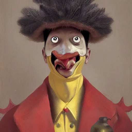 Image similar to scary portrait of an asian man dressed as a chicken, the chicken man, man dressed as a chicken, highly detailed painting by sergey kolesov, 8 k, man dressed as a chicken