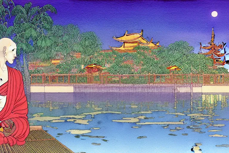 Image similar to a hyperrealist watercolor of a zen water scene at night. buddhist temple in the background. neon roses and palm trees. by rebecca guay, michael kaluta, charles vess and jean moebius giraud