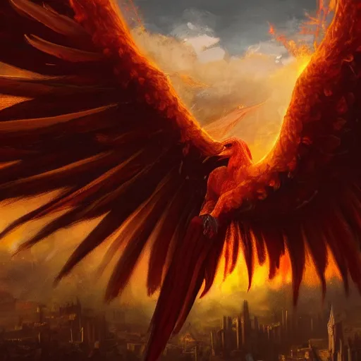 Prompt: a brightly flaming phoenix spreading its majestic wing on the sky above a medieval city seen from the street, digital art, highly detailed, dark colors, moody lighting, 8 k, intricate, trending on artstation, by greg rutkowski