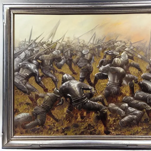 Image similar to oil painting of a ground covered in medieval silver soldier corpses, war, storm dawn, by Frank Frazetta, by Georgia O Keeffe sfumato, realistic