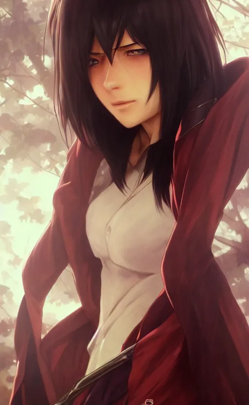 Image similar to mikasa ackerman, hero pose, medium shot, bokeh, beautiful face!!!!, 2 7 years old, cg animation, lifelike, animated, realistic, character select portrait, by artgerm, greg rutkowski, alphonse mucha, 3 d