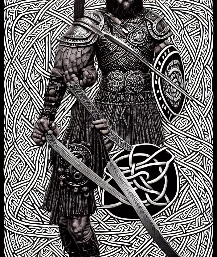 Image similar to knotwork with center viking warrior, extremely detailed, bold line art, by vincent di fate and joe fenton and artgerm, holding shield and sword, centered, inking, etching, screen print, inkblots of color, masterpiece, trending on artstation, sharp, high contrast, hyper realistic, hd, 4 k, 8 k