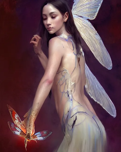 Image similar to Full view realistic ethereal Humanoid Maiden with symmetrical moth wings in a beautiful dress, oil on linen masterpiece by Craig Mullins Artgerm in the style of Ruan Jia, ornate Iconography background, tarot card, wlop, Ross Tran, detailed and realistic, soft lighting, intricate details, realistic, full view, Artstation, CGsociety