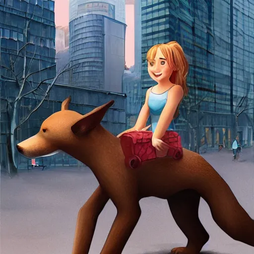 Image similar to girl riding a giant dog in the city, trending on artstation