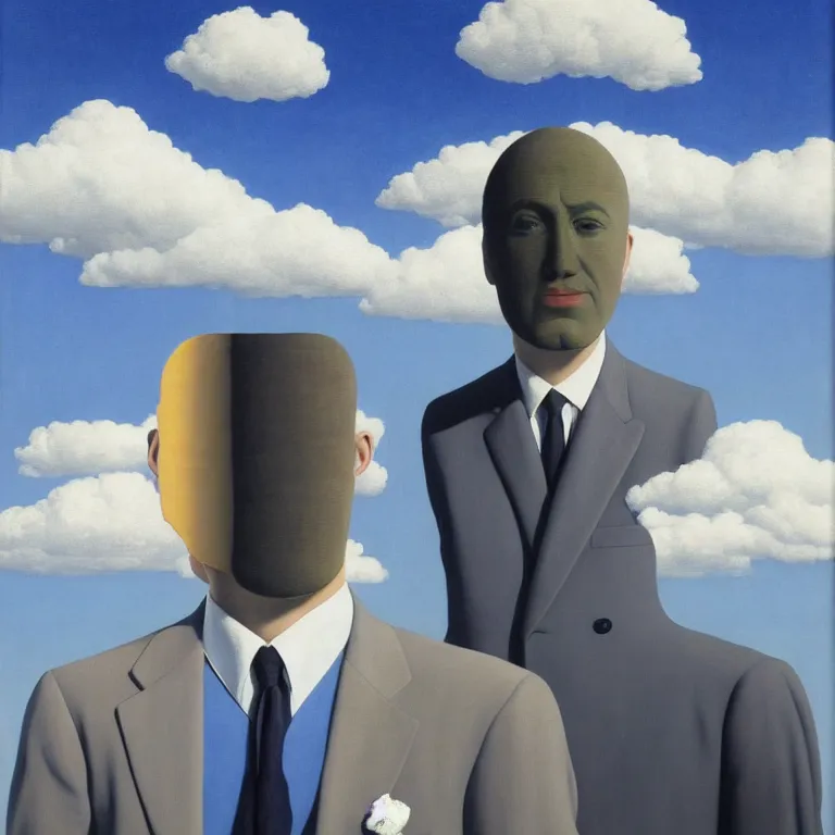 Image similar to portrait of a faceless mirror - head man in a suit, clouds in the background, by rene magritte, detailed painting, distance, middle centered, hd, hq, high resolution, high detail, 4 k, 8 k