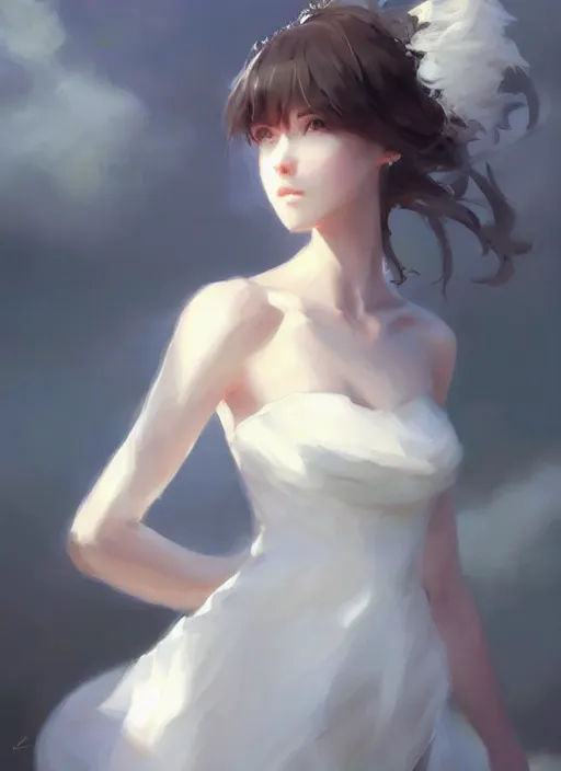 Image similar to a girl with elegant white dress, digital art by krenz cushart, laurie greasly, wlop, artgerm, intricate, ( highly detailed figure ), sharp focus, smooth, epic composition, joyful, unreal engine