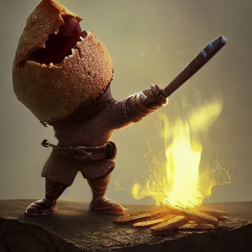 Prompt: medieval battle toast, a slice of toasted bread with a face, arms and legs, holding a sword, cute, pixar, volumetric lighting, dynamic composition, fantasy, hyper detailed, ultra realistic, sharp focus, octane render, concept art by ruan jia and heng z and artem