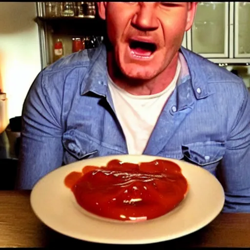 Image similar to <photo hd reaction>Gordon Ramsey in furious rage about the amount of ketchup on his plate</photo>
