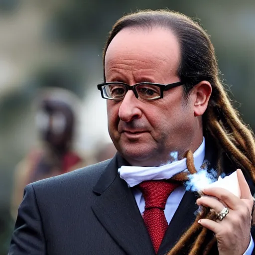 Prompt: a photo of François Hollande with dreadlocks smoking a joint, lots of dreadlocks on the head, short dreadlocks with beads