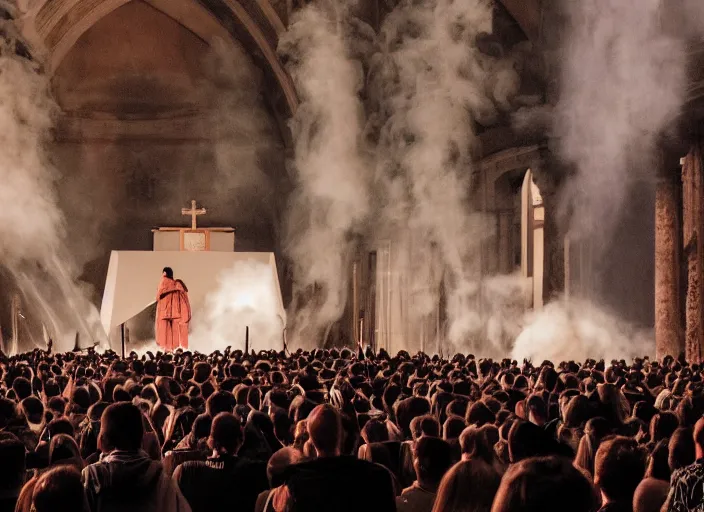 Image similar to a high resolution photograph of sunn o ) ) ) playing live at the vatican with monk robes, smoke machines, huge walls of amplifiers