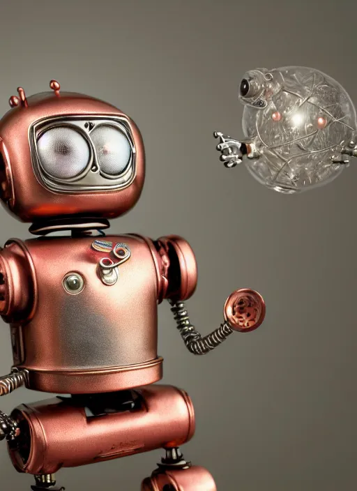 Prompt: highly detailed closeup portrait of a cute tin toy retro robot, nicoletta ceccoli, mark ryden, lostfish, earl nore, hyung tae, frank frazetta, global illumination, god rays, detailed and intricate environment