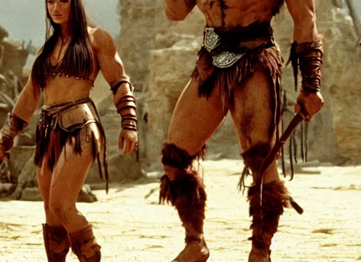 Image similar to still of muscular sophie turner in conan the barbarian directed by frank frazetta, high resolution