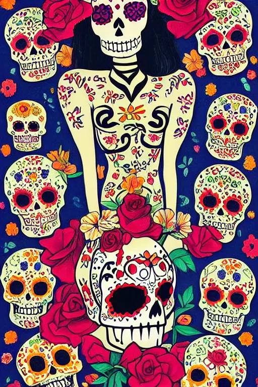 Prompt: Illustration of a sugar skull day of the dead girl, art by will barnet