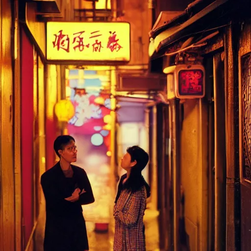 Prompt: man and woman talking to each other in the light of a streetlamp in a dark hong kong alleyway, neon signs in the background, a light rain is falling, christopher doyle, wong kar - wai