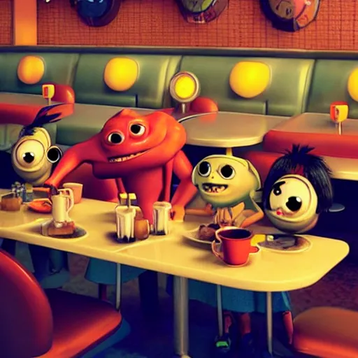 Image similar to cute monsters in a diner, Pixar style