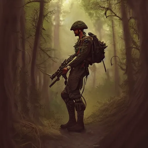 Image similar to male soldier in the forest, by annie leibowitz!!!, D&D, fantasy, intricate, elegant, highly detailed, digital painting, artstation, concept art, matte, sharp focus, illustration