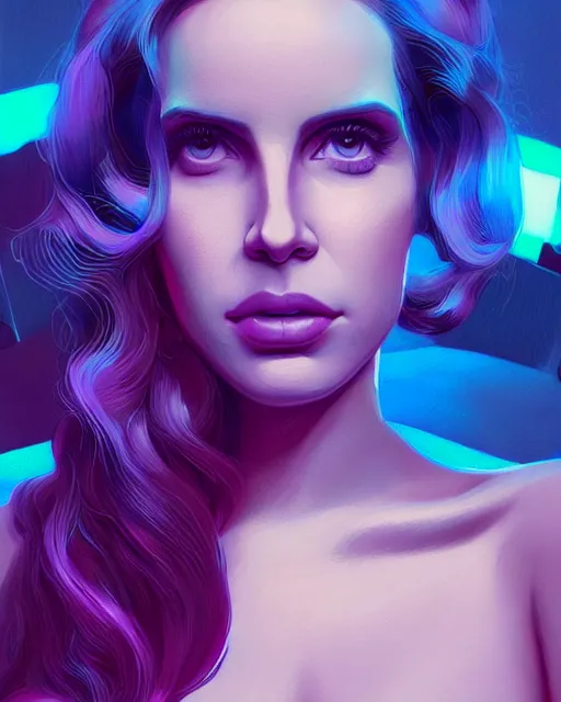 Image similar to portrait of lana del rey as a cyborg. intricate abstract. intricate artwork blue and pink lighting, by tooth wu, wlop, beeple, dan mumford. concept art, octane render, trending on artstation, greg rutkowski very coherent symmetrical artwork. cinematic, key art, hyper realism, high detail, octane render, 8 k, iridescent accents