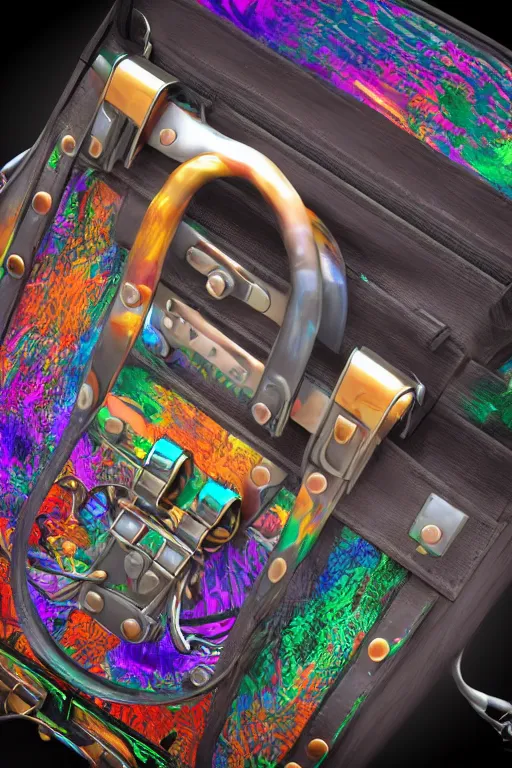 Prompt: photo of a handbag, band merchandise, printed band name is tripmachine, realistic digital art, hanbag is textured with a 3 d render of a huge futuristic steampunk generator, 8 k, fluorescent colors, halluzinogenic, multicolored, exaggerated detailed, unreal engine