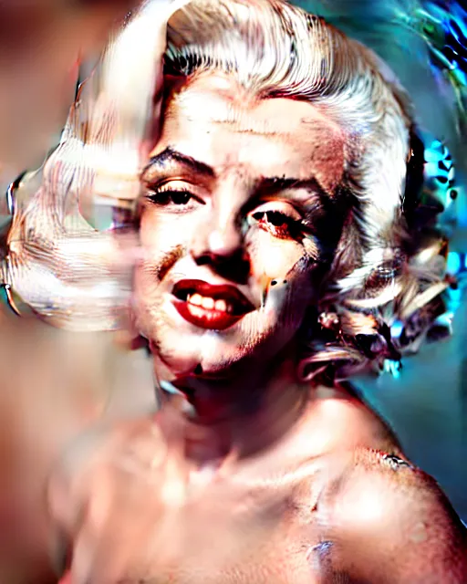Image similar to Beautiful Head and shoulders portrait of smiling flirty seductive Marilyn monroe with platinum blonde hair, wearing a camisole by arney freytag, artstation, 35mm, fashion photoshoot, photo studio, golden hour, bokeh, rim lighting, fashion pose, octane, 4k