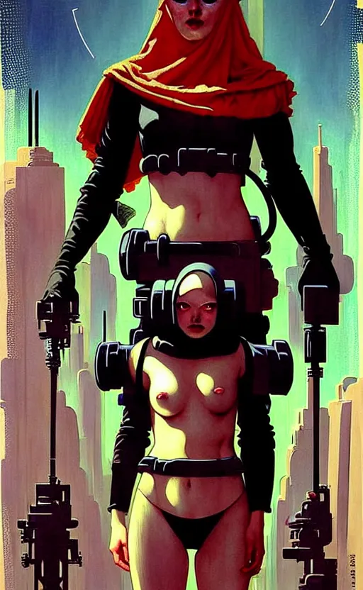 Image similar to pulp scifi fantasy spot illustrations of various character concepts, ciberpunk girl, burka, futuristic design, crafting, diy, by norman rockwell, roberto ferri, daniel gerhartz, edd cartier, jack kirby, howard brown, ruan jia, tom lovell, jacob collins, dean cornwell, astounding stories, amazing, fantasy, other worlds