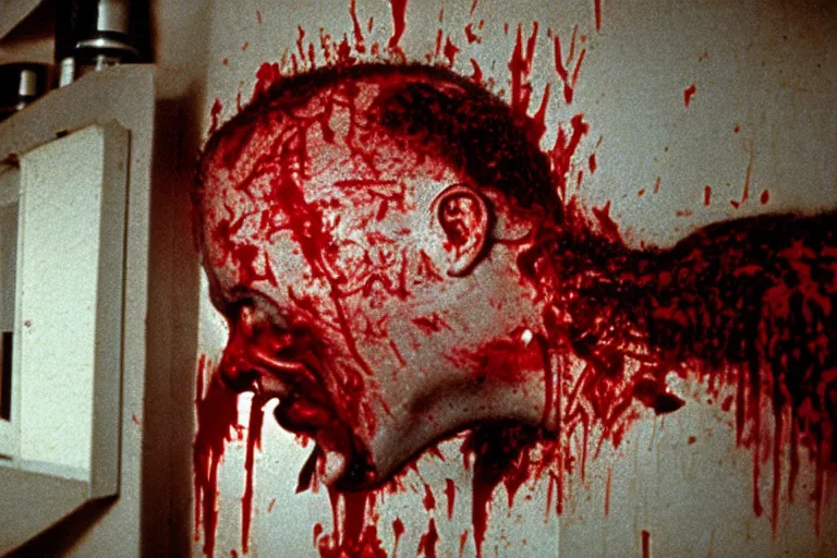 Prompt: filmic wide shot angle movie still 35mm film color photograph of a decapitated doctor with blood spewing from his neck and splattered blood all over the walls in a science lab in the style of a 1982 horror film