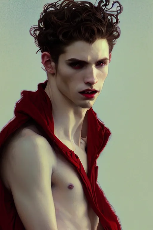 Image similar to portrait of a beautiful young fit male vampire with curly blond hairs and pale skin, dressed with urban clothes, by greg rutkowski and alphonse mucha, d & d character, gradient white to red, modern nocturnal background, highly detailed portrait, digital painting, artstation, concept art, smooth, sharp focus ilustration, artstation hq