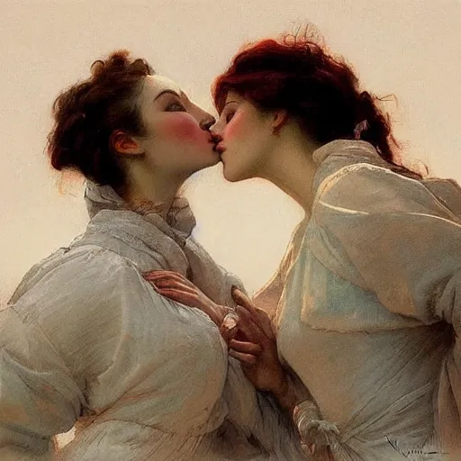 Image similar to Two beautiful women leaning in for a kiss, vertical symmetry, vintage shading, romance, photorealistic, highly detailed, by Ilya Repin and artgerm