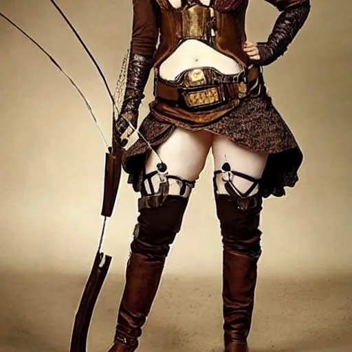 Prompt: full body photo of christina hendricks as a steampunk archer,