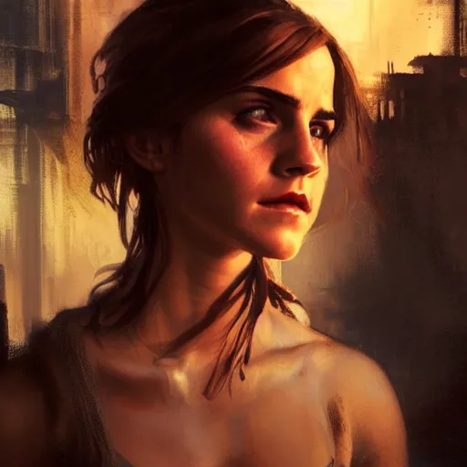 Image similar to emma watson, hyperrealistic full figure, bladerunner street, art of elysium by jeremy mann and frank frazetta and alphonse mucha, fantasy art, photo realistic, dynamic lighting, artstation, full figure poster, volumetric lighting, very detailed face, 4 k, award winning