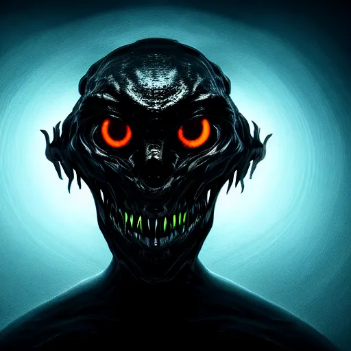 Image similar to highly detailed photo of scary monster with glowing eyes, dark black background, hyper realistic, art by greg rutsowski, concept art, 8 k detail post - processing