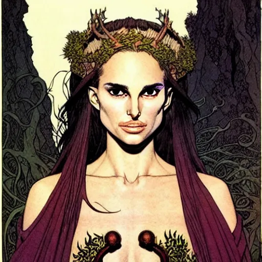 Image similar to a realistic, very beautiful and atmospheric portrait of a young natalie portman as a druidic warrior wizard looking at the camera with an intelligent but seductive gaze by rebecca guay, michael kaluta, charles vess and jean moebius giraud