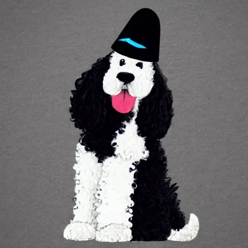 Image similar to black bernadoodle with a white chest wearing a birthday hat