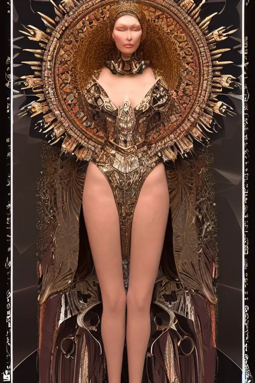 Image similar to a portrait of a beautiful ancient alien woman goddess bella hadid deity standing in iris van herpen dress in diamonds and fractals in style of alphonse mucha art nuvo dmt trending on artstation made in unreal engine 4