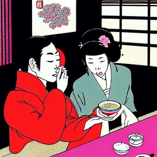 Prompt: Japanese beauty wrapped in a snake having tea with her husband by Toshio Saeki, high detailed