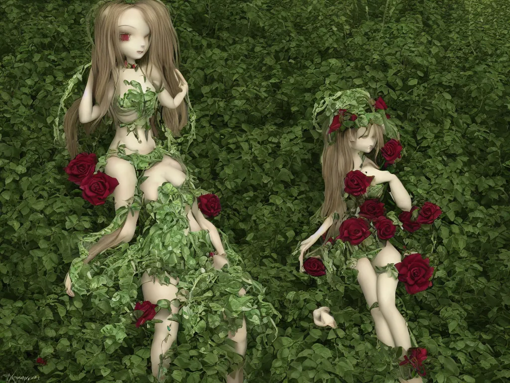 Image similar to cute fumo plush girl wrapped in vines in the middle of a lush rose garden, glowing gothic wraith plantgirl, tattered green dress, vray