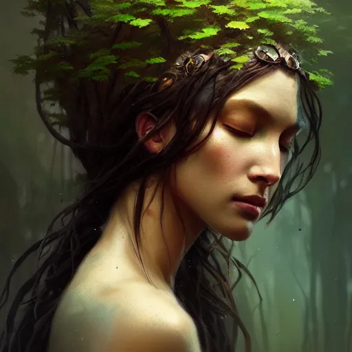 Prompt: a beautiful portrait of a tree goddess with closed eyes by Greg Rutkowski and Raymond Swanland, Trending on Artstation, ultra realistic digital art