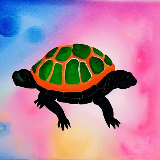 Prompt: a painting of a turtle riding a black pug, colourful, digital art