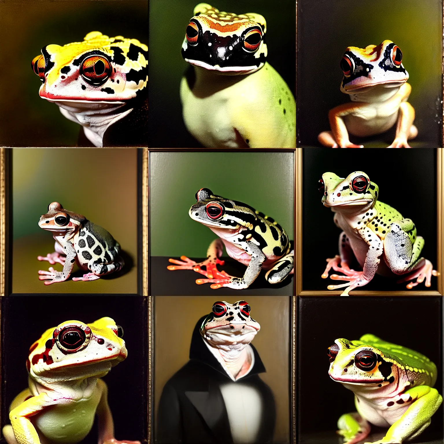 Prompt: a head - and - shoulders portrait of an amazon milk frog looking off camera and wearing a black frock coat, an american romanticism painting, a portrait painting, cgsociety, soft focus, oil on canvas