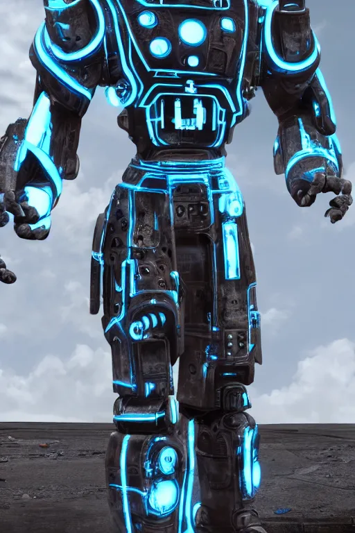 Image similar to highly detailed tron themed fallout 4 power armor, realistic cgi render, unreal engine,